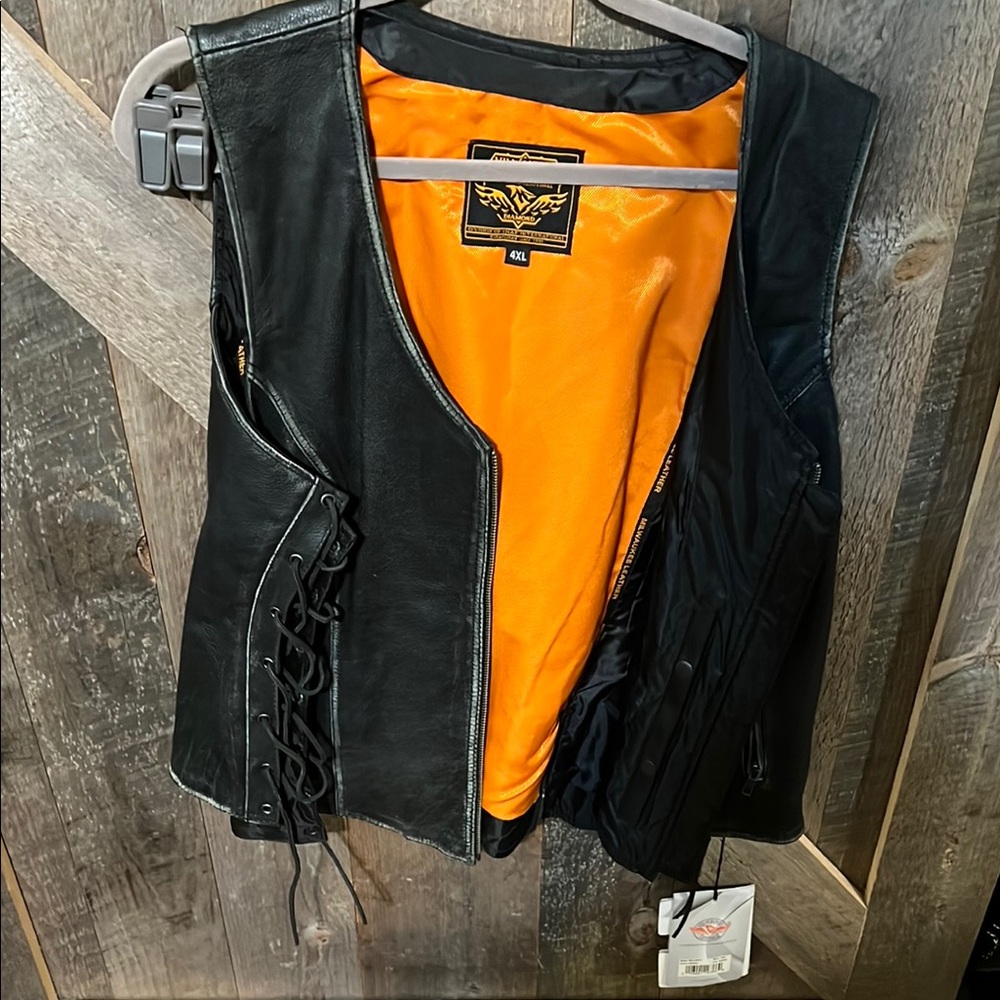 Black Leather Vest with Orange Lining